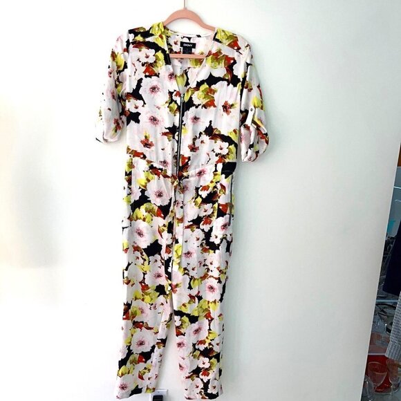 DKNY Jumpsuit Womens Size 2 Floral Print Zip Front V Neck Pockets Elastic Waist - Picture 14 of 14